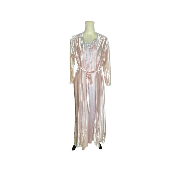 Vintage Lorraine Peignoir Set | Blush Pink Satin Nightgown & Robe | 1980s Embroi - Picture 1 of 10